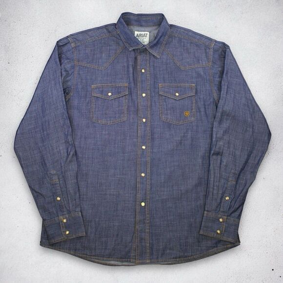 Ariat Retro Fit Western Pearl Snap Shirt Men’s L Blue Chambray Denim 100% Cotton - Picture 1 of 8